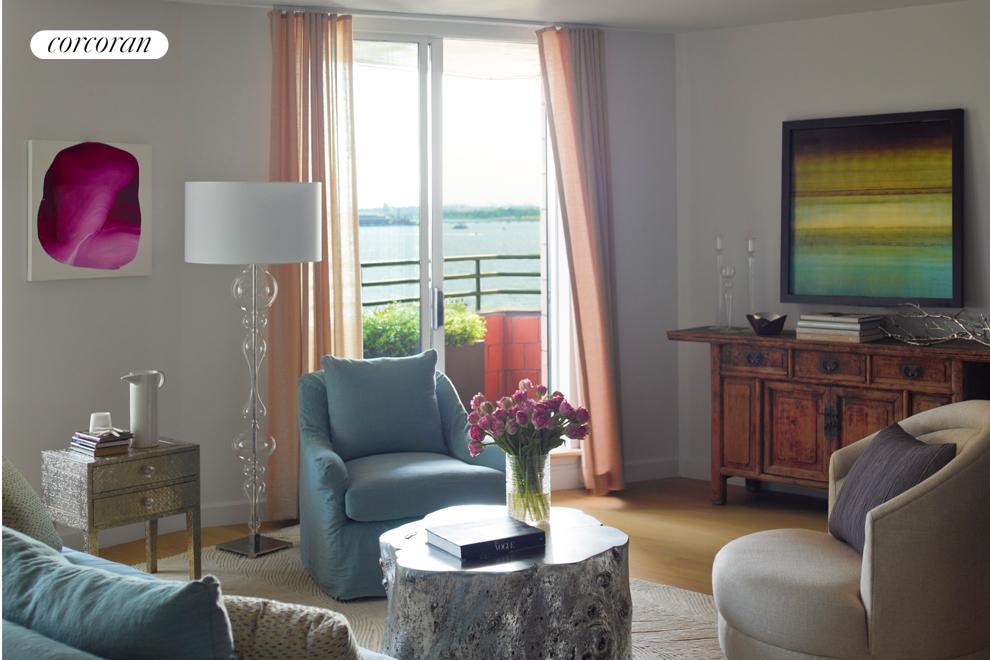Enjoy picturesque sunsets from your spacious living room or from one of two private balconies each with views of Rector Park, the Hudson River, and Ellis Island.