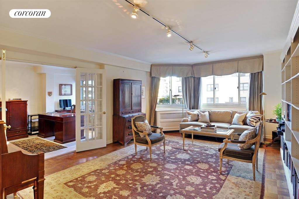 Gracious living room adjoins a quiet home office